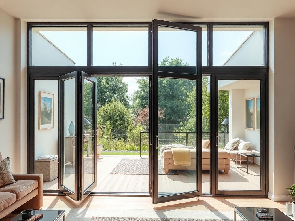 Porte accordéon en aluminium ouverte sur une terrasse
