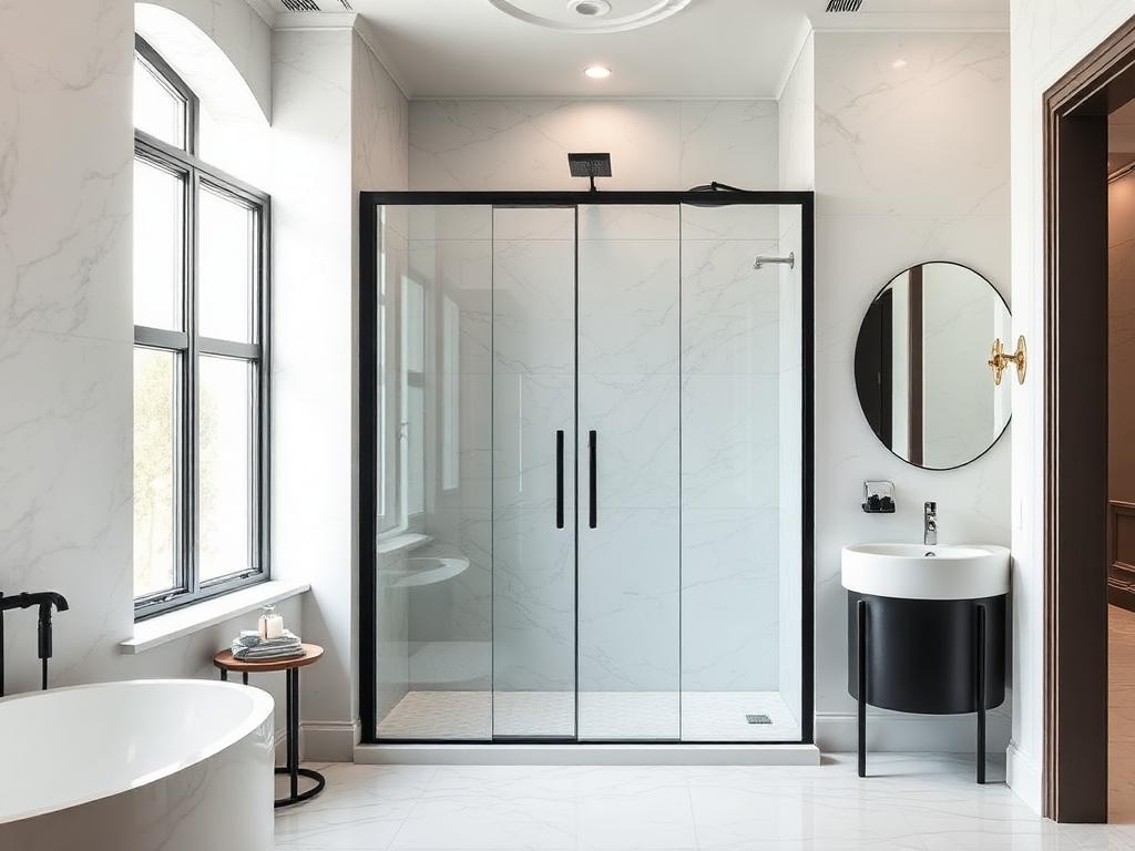 Cabine de douche en verre sur-mesure dans une salle de bain en marbre