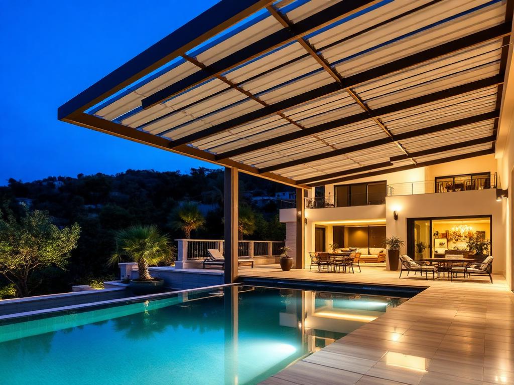 Pergola bioclimatique en aluminium au-dessus d'une terrasse avec piscine